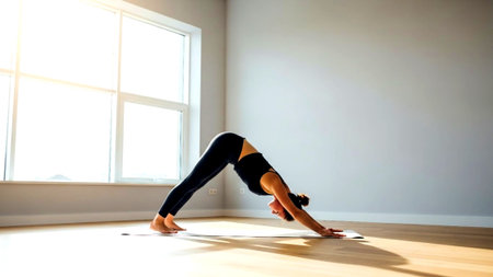 A serene young woman performs the downward-facing dog yoga pose on a mat in a naturally lit, spacious studio. Ideal for health, wellness, and fitness content.の素材