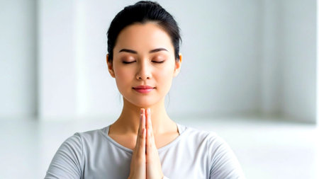 A peaceful young Asian woman with closed eyes and clasped hands embodies meditation, mindfulness, and spiritual well-being, perfect for wellness and lifestyle content.の素材