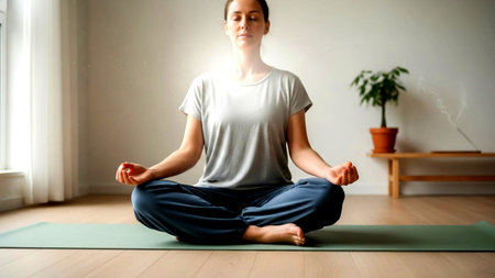 A serene woman sits in a cross-legged position on a yoga mat, meditating with eyes closed, radiating peace and mindfulness in a tranquil home environment. Ideal for wellness and spiritual themes.の素材