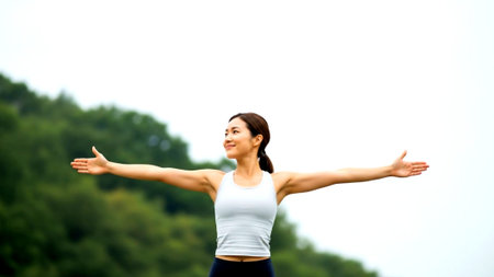 Happy Asian woman in activewear feeling freedom and peace outdoors. She smiles confidently with arms wide open, representing health, wellness, and a balanced lifestyle.の素材