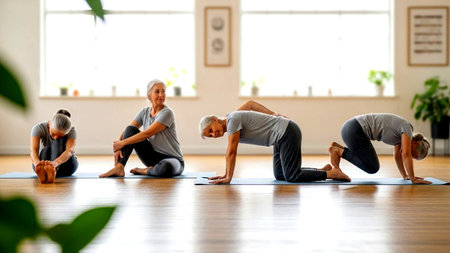 Three mature women with grey hair performing various yoga and stretching exercises on mats in a bright studio, emphasizing wellness and fitness.の素材