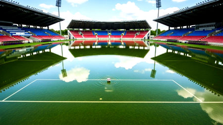 A stunning and unusual scene capturing a soccer stadium's field completely submerged in water, featuring a lone ball and vibrant reflections of the colorful grandstands under a bright sky, perfect for various commercial uses.の素材
