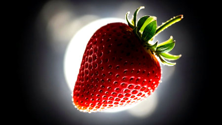 Close-up of a perfectly ripe, vibrant red strawberry with glistening texture and fresh green stem, dramatically backlit against a dark background, ideal for health, food, and advertising concepts.の素材