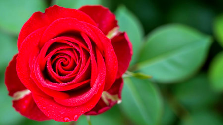 Stunning close-up photograph of a fresh red rose adorned with morning dew or rain, showcasing its intricate petals and natural beauty for various commercial projects.の素材