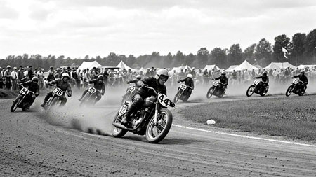 Dynamic black and white photograph of motorcyclists expertly navigating a dusty dirt track during a classic vintage race event. Perfect for historical or sports themes.の素材