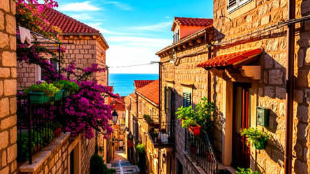Charming narrow street in a historic European coastal town, featuring traditional stone buildings, vibrant bougainvillea, and a glimpse of the sparkling Mediterranean Sea under a clear sky. Ideal for travel, vacation, or architecture themes.の素材