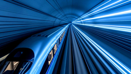 Dynamic shot of a modern bullet train blurring through an illuminated blue tunnel. Ideal for themes of speed, technology, progress, and efficient future transportation.の素材