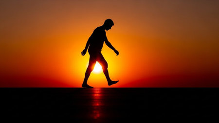 Silhouette of a man running on the beach at sunset.の素材