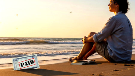 A person sitting on the beach at sunset, reading a book with a paid stamp nearby.の素材