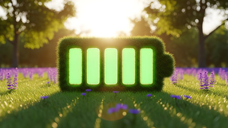 A fully charged battery icon, textured with vibrant green grass, stands in a sunlit field of purple flowers. The bright sunlight and natural setting evoke concepts of renewable energy and environmental sustainability.の素材