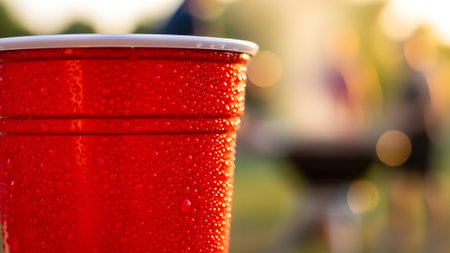 A vibrant close-up captures a cold red plastic cup glistening with condensation droplets. The background is softly blurred, hinting at a lively outdoor summer gathering or barbecue under warm, golden hour lighting.の素材