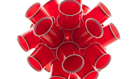 A close-up shot of a spherical object constructed from multiple red plastic cups. The cups are tightly packed together, creating a repeating pattern against a bright white background. The lighting is even and highlights the texture of the plastic.の素材