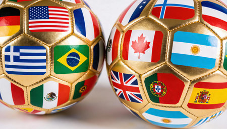 Two soccer balls adorned with various international flags, showcasing a global theme. The flags include those of the United States, Canada, Brazil, Mexico, and more.の素材