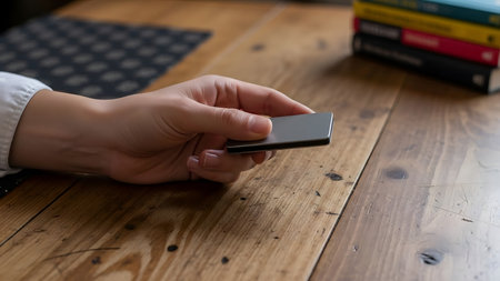 A person's hand is seen holding a smartphone above a wooden table. The background includes a patterned cloth and some books.の素材