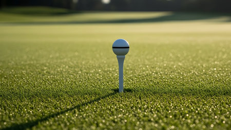 A golf ball sits atop a tee on a lush green golf course, ready for the next swing. The scene captures the calm before the action in the sport of golf.の素材