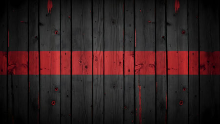 A close-up view of a weathered wooden wall featuring a prominent red stripe running horizontally across the center, showcasing the natural grain and texture of the wood.の素材