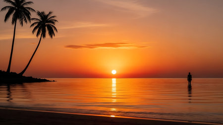 A tranquil beach scene at sunset with palm trees silhouetted against the sky and a person standing in the shallow water.の素材
