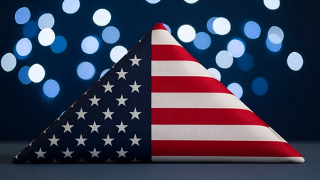 A beautifully folded American flag displayed against a dark background with bokeh lights, showcasing the stars and stripes in a patriotic setting.の素材