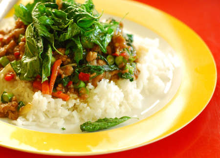 Thai food stir-fried beef with basil leafの写真素材