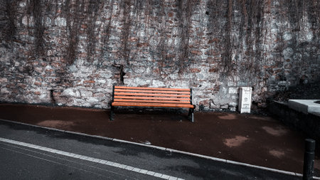 Bench in the street in the rain. Black and white image. Paris, Franceの写真素材