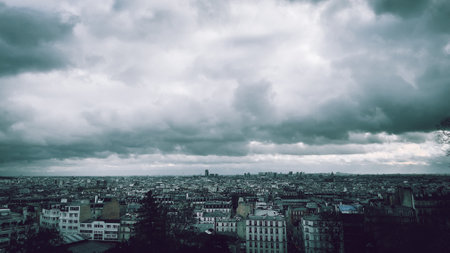 Panoramic view of Paris, France. Black and white.