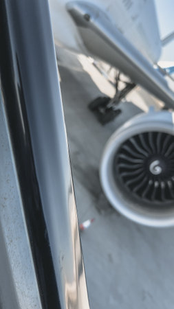 Airplane engine close-up. Selective focus. Shallow depth of field.