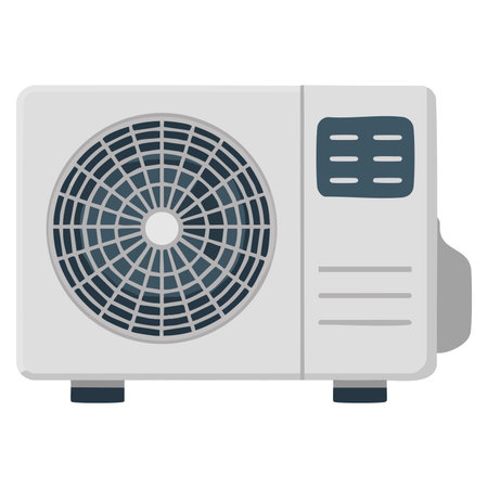 Air conditioner outdoor unit shown as vector isolated illustration perfect for hvac cooling system visuals building exterior design and home technology conceptsのイラスト素材