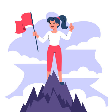 Businesswoman character reaching peak of success hoisting red flag on mountain top cartoon flat vector illustration for leadership winner challenge and goal achievement themesのイラスト素材