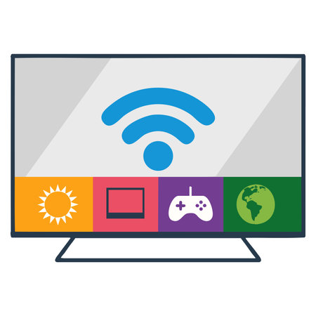 Cartoon smart TV illustration with internet wireless control via smartphone showing intelligence...