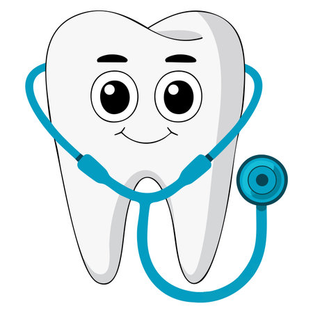 Cute cartoon tooth with stethoscope vector illustration sticker icon for Dentist Day happy dentist day vector template dental care themed artworkのイラスト素材