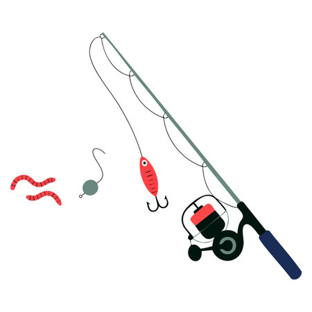 Fishing rod with worms on a transparent background shown as a vector illustration of fishing items in flat style suitable for sport fishing hobby bait and outdoor themed designsのイラスト素材