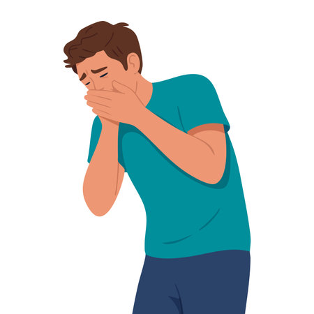 Flat design illustration of man suffering from vomit closing mouth showing nausea vomiting symptom ideal for medical awareness digestive illness and healthcare visualsのイラスト素材