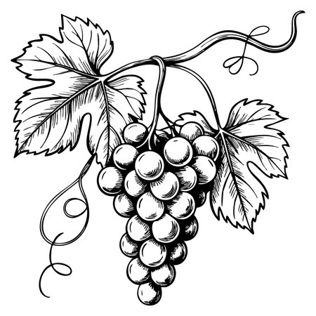 Sketch grape on branch ink graphic illustration with draft silhouette drawing black on white line art botanical vintage etching food design conceptのイラスト素材
