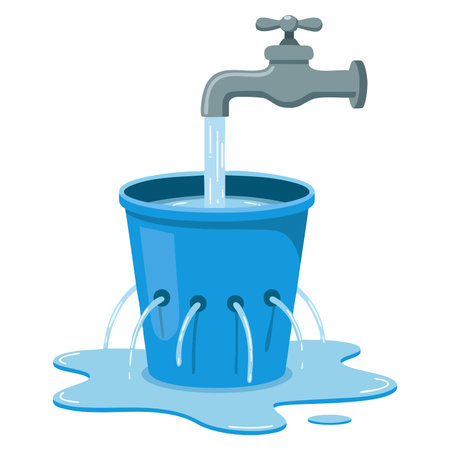 Water waste from running tap illustrating wastage of water theme for save water awareness with spread water on floor from hole bucket environmental concept illustrationのイラスト素材