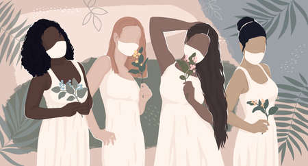 4 different women in white clothes and masks are holding flowers. light natural modern flat illustration. for banner, postcard, posterのイラスト素材