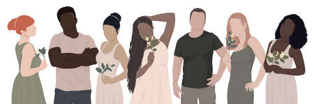 set of drawn diverse people. women and men from different ethnic groups. vector modern flat...
