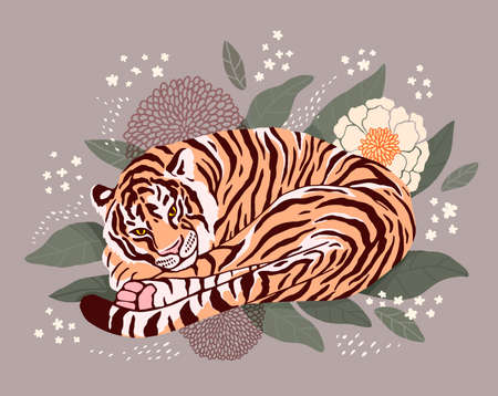 the tiger lies curled up among the leaves and flowers. beautiful modern vector illustration for postcard, banner, poster, book or any design. isolated by layersの写真素材