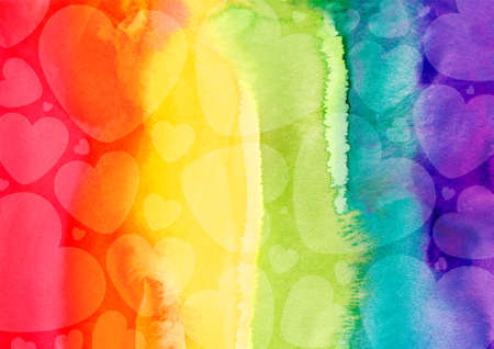 watercolor painted rainbow background with hearts. bright smooth transitions to colors. LGBT flag brush stroke. Human rights and tolerance. Support for LGBTQ. poster, banner, background.のイラスト素材