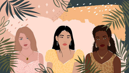Women of different races together on an abstract background with leaves. modern vector flat illustration. isolated by layers. movement to empower women. International Women's Day. women supportの写真素材