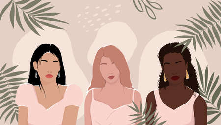 Women of different races together on an abstract background with leaves. modern vector flat illustration. isolated by layers. movement to empower women. International Women's Day. women supportの写真素材