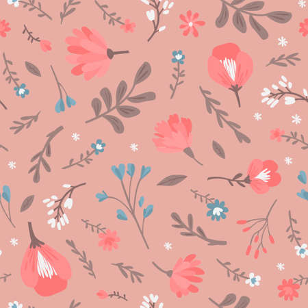 Seamless simple pattern of meadow flowers. Pink vector illustration.のイラスト素材