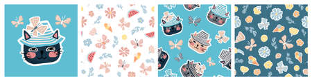 Set of seamless vector patterns of cats, lemons, watermelons, leaves, flowers. Summer simple light...