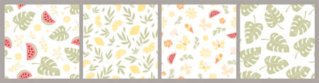 Set of seamless vector patterns of lemons, watermelons, leaves, flowers and monstera. Summer simple...