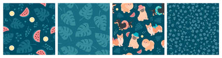 Set of seamless vector patterns of different dogs, lemons, watermelons, leaves, flowers and...