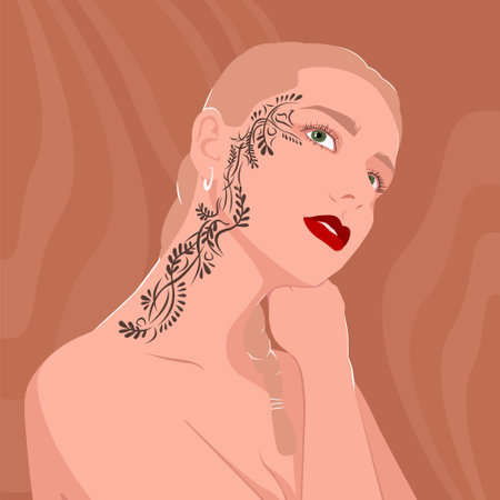 Portrait of a blonde woman with a tattoo on her face. Modern fashion illustration.のイラスト素材