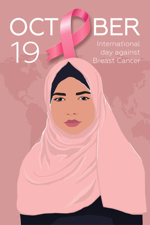 International day against breast cancer. Poster with pink ribbon and muslim woman in hijab. modern vector illustration.のイラスト素材