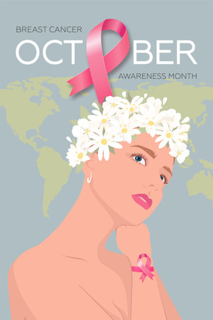 World Breast Cancer Awareness Month. Poster with pink ribbon and women in a flower wreath. modern vector illustration.のイラスト素材