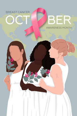 World Breast Cancer Awareness Month. Card with pink ribbon and Women of different ethnic groups together. Modern vector illustration.のイラスト素材