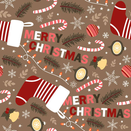 Seamless vector pattern with Christmas elements and inscription Merry Christmas. For fabrics, wrapping paper, wallpapers.のイラスト素材