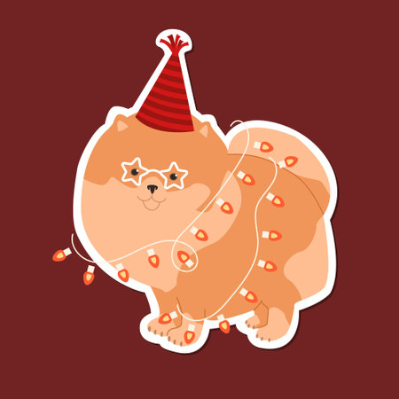 Pomeranian tangled in a Christmas garland. Cute hand drawn sticker illustration.のイラスト素材